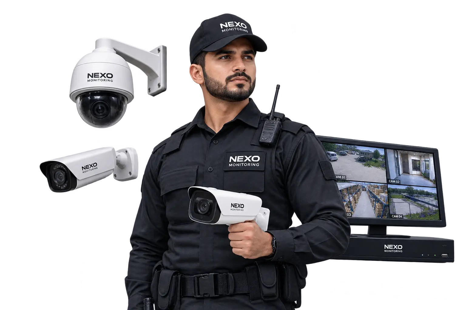 A Nexo Monitoring operator with the cameras, recorder and four-camera live view that make up a managed site.